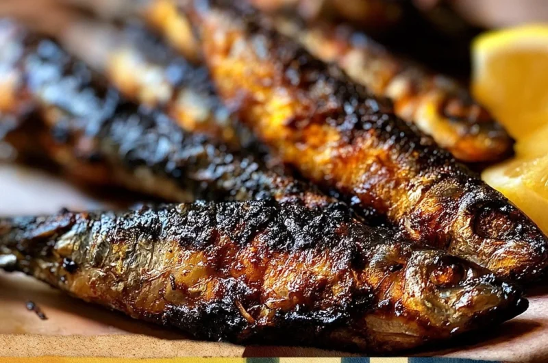 Plate of crispy grilled sardines garnished with citrus slices