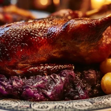 Crispy Martinsgans Roast Dinner served with seasonal vegetables and gravy