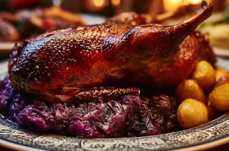 Crispy Martinsgans Roast Dinner served with seasonal vegetables and gravy