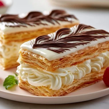 Crispy mille-feuille Napoleon pastry displaying layers of flaky pastry and cream