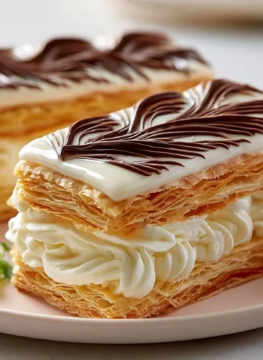 Crispy mille-feuille Napoleon pastry displaying layers of flaky pastry and cream
