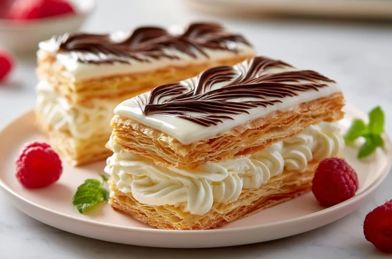 Crispy mille-feuille Napoleon pastry displaying layers of flaky pastry and cream