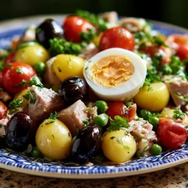 Crispy Niçoise tuna salad with fresh vegetables and olives