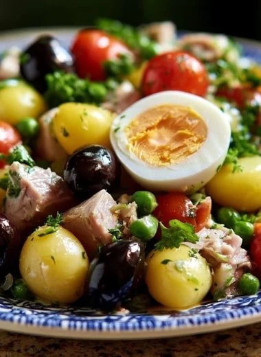 Crispy Niçoise tuna salad with fresh vegetables and olives