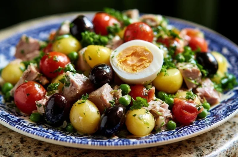 Crispy Niçoise tuna salad with fresh vegetables and olives