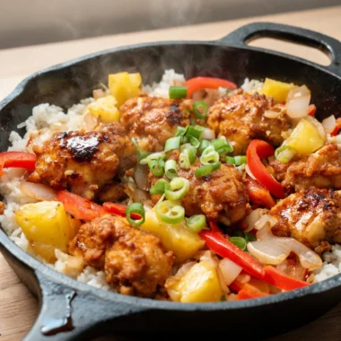 Crispy pineapple chicken skillet served with vibrant vegetables
