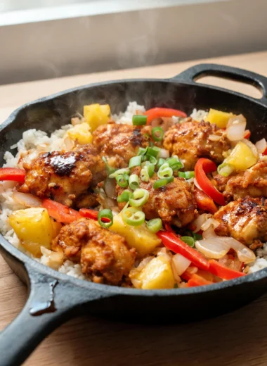 Crispy pineapple chicken skillet served with vibrant vegetables