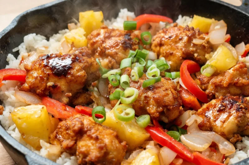Crispy pineapple chicken skillet served with vibrant vegetables