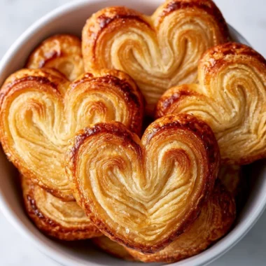 Crispy puff pastry palmiers on a decorative plate.