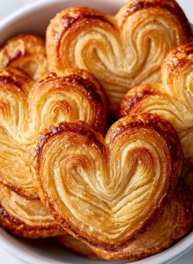Crispy puff pastry palmiers on a decorative plate.