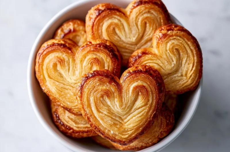 Crispy puff pastry palmiers on a decorative plate.