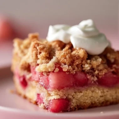 Slice of Crispy Rhubarb Streusel Cake with vibrant rhubarb and crunchy topping