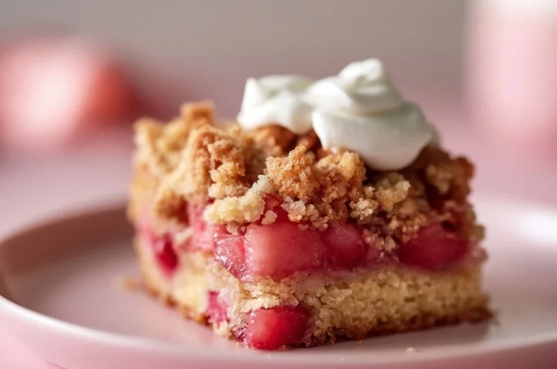 Slice of Crispy Rhubarb Streusel Cake with vibrant rhubarb and crunchy topping