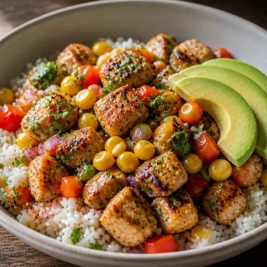 Crispy Street Corn Chicken Rice Bowl with vibrant toppings and fresh ingredients
