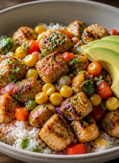 Crispy Street Corn Chicken Rice Bowl with vibrant toppings and fresh ingredients