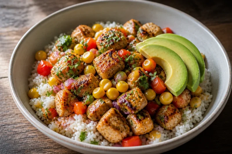 Crispy Street Corn Chicken Rice Bowl with vibrant toppings and fresh ingredients