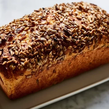 Crispy sunflower seed bread slices on a wooden cutting board.
