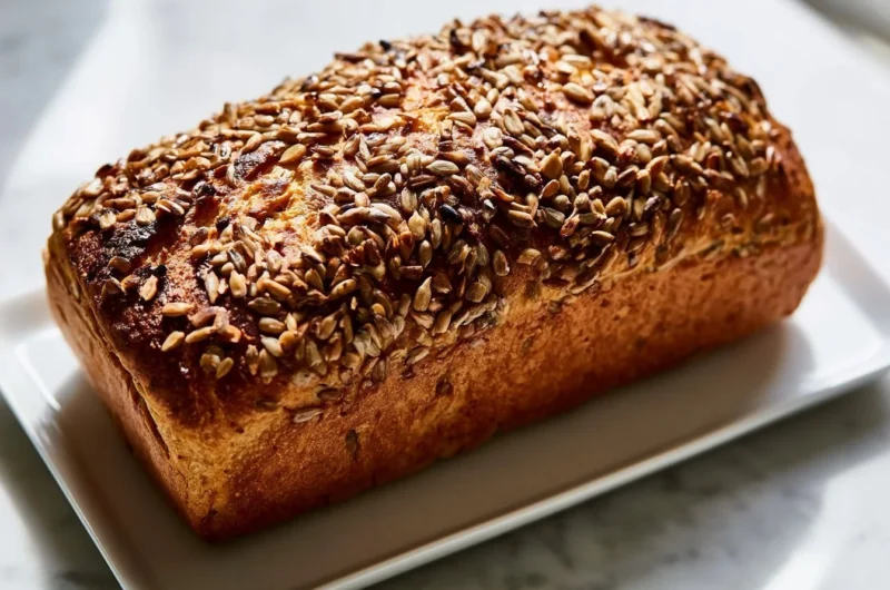 Crispy sunflower seed bread slices on a wooden cutting board.