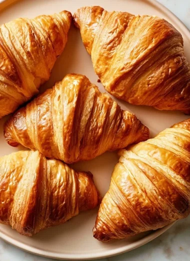 Delicious flaky croissant freshly baked from a French recipe
