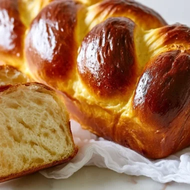 Freshly baked golden brioche bread loaf on a wooden cutting board