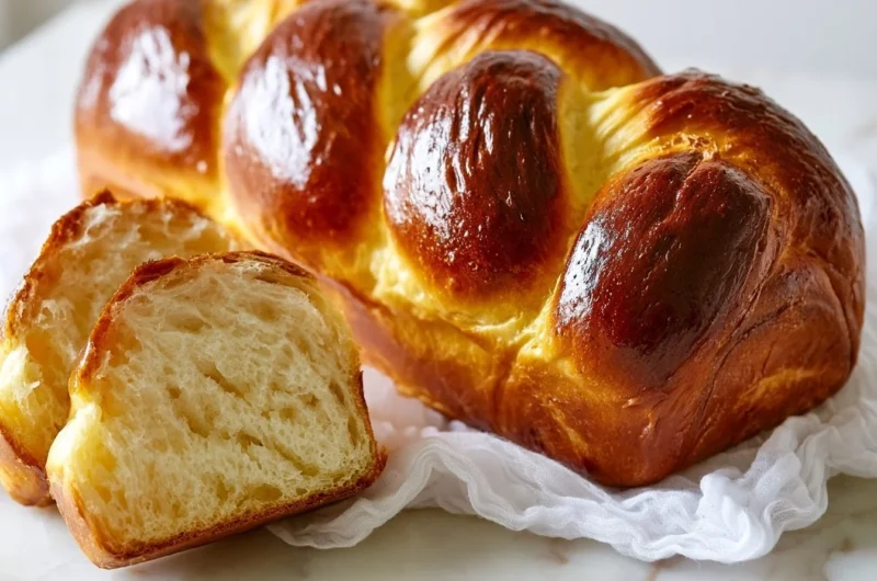 Freshly baked golden brioche bread loaf on a wooden cutting board