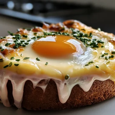 Golden Croque Madame served on toast with cheese and egg