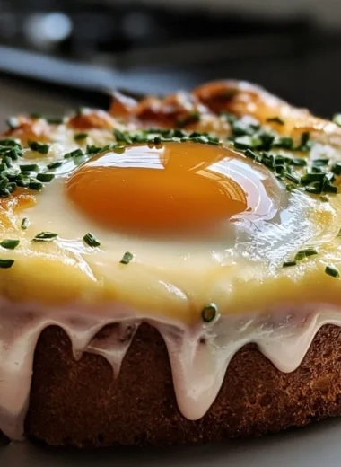 Golden Croque Madame served on toast with cheese and egg