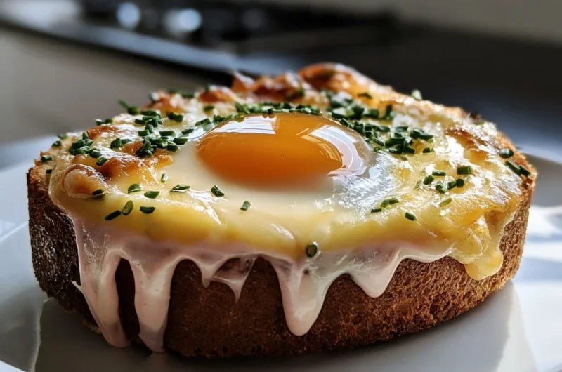 Golden Croque Madame served on toast with cheese and egg