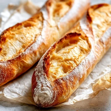 Freshly baked golden crust baguettes on a wooden countertop