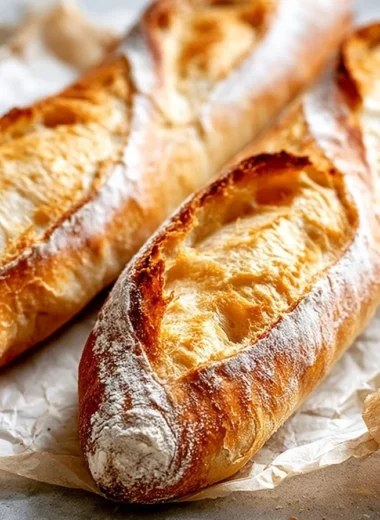 Freshly baked golden crust baguettes on a wooden countertop