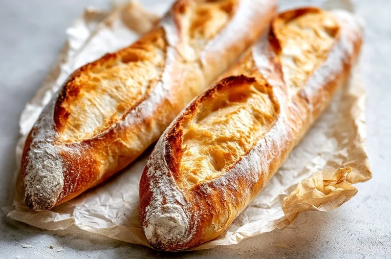 Freshly baked golden crust baguettes on a wooden countertop