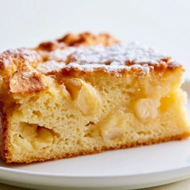 Golden French Apple Cake topped with fresh apples and a dusting of sugar
