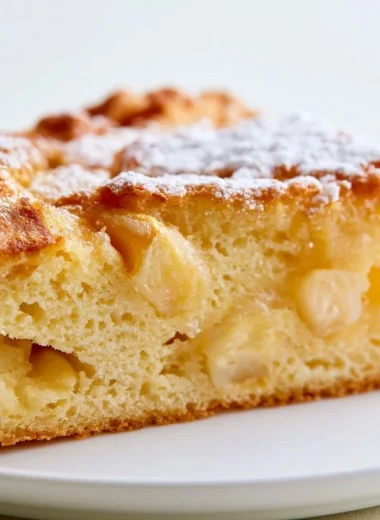 Golden French Apple Cake topped with fresh apples and a dusting of sugar