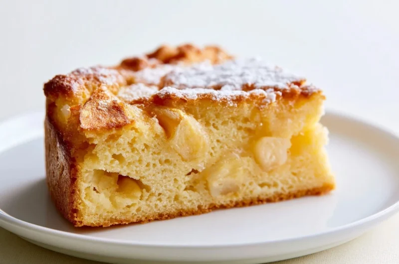 Golden French Apple Cake topped with fresh apples and a dusting of sugar