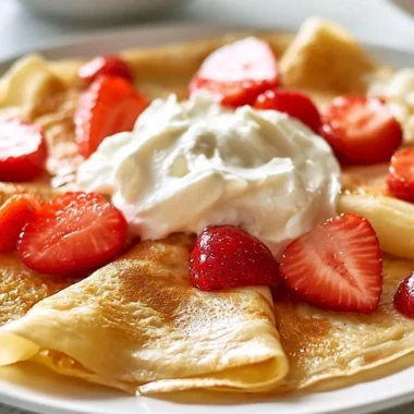 Delicious golden French crepes stacked on a plate with toppings