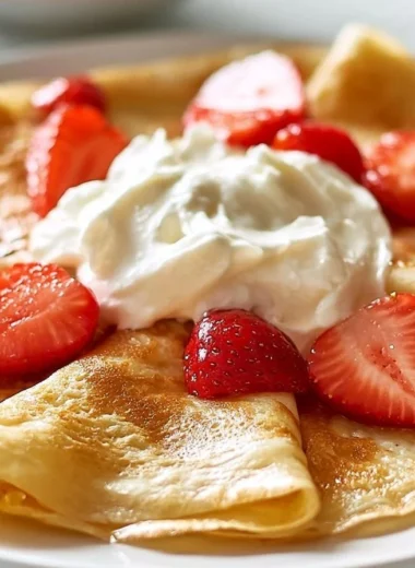 Delicious golden French crepes stacked on a plate with toppings