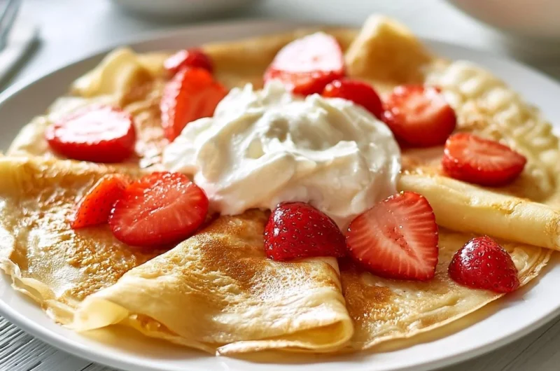 Delicious golden French crepes stacked on a plate with toppings