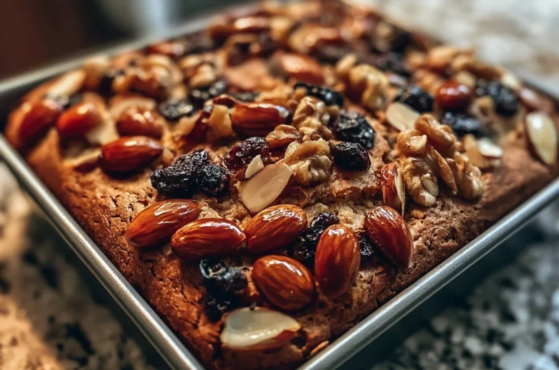 Golden German Fruit Bread with dried fruits and nuts, freshly baked and ready to enjoy.