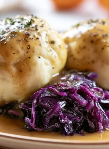 Golden German potato dumplings served with a rich sauce