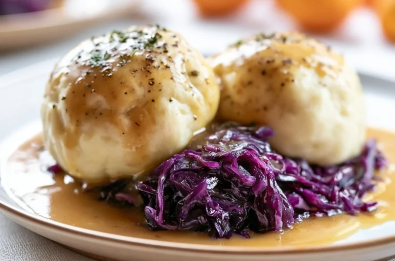 Golden German potato dumplings served with a rich sauce