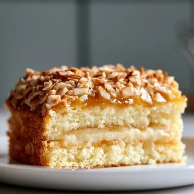 Slice of Golden Honey Almond Bee Sting Cake with almonds and honey glaze