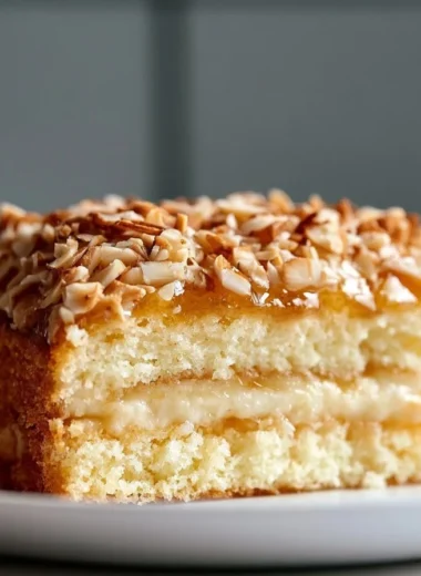 Slice of Golden Honey Almond Bee Sting Cake with almonds and honey glaze