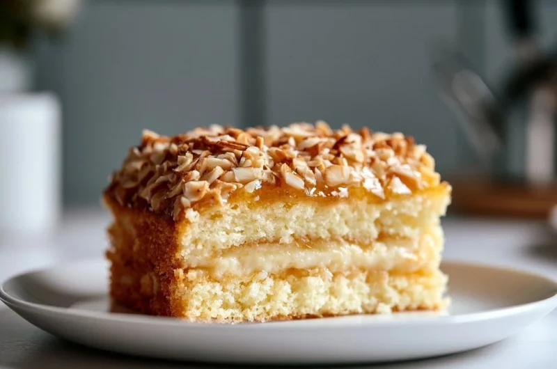 Slice of Golden Honey Almond Bee Sting Cake with almonds and honey glaze