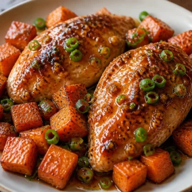 Plate of golden honey garlic chicken served with roasted sweet potatoes