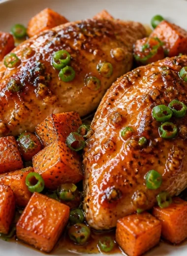 Plate of golden honey garlic chicken served with roasted sweet potatoes