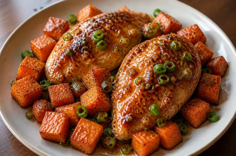 Plate of golden honey garlic chicken served with roasted sweet potatoes