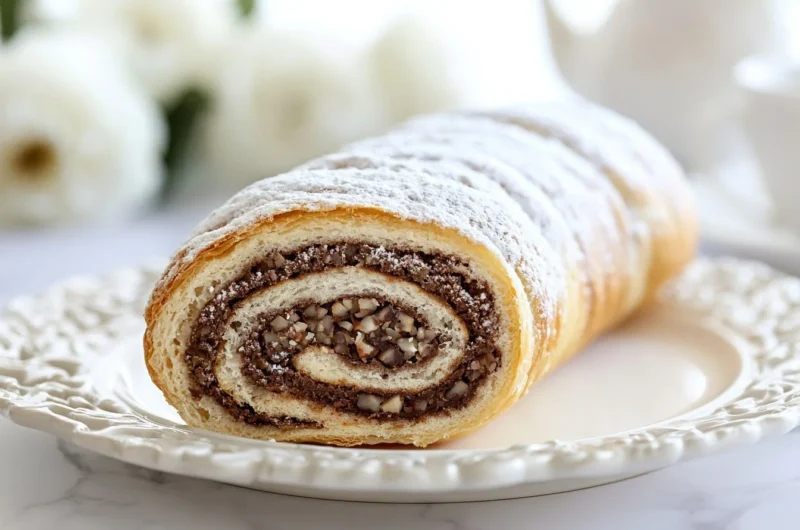 Freshly baked Golden Nut Stollen with nuts and spices on a wooden table