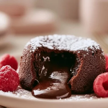 Decadent gooey French chocolate lava cake with melted chocolate center