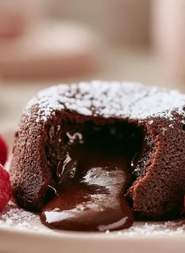 Decadent gooey French chocolate lava cake with melted chocolate center
