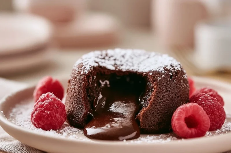 Decadent gooey French chocolate lava cake with melted chocolate center